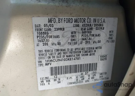 2003 Ford Escape Limited z USA, uszkodzony, nr VIN 1FMCU94103KE14781